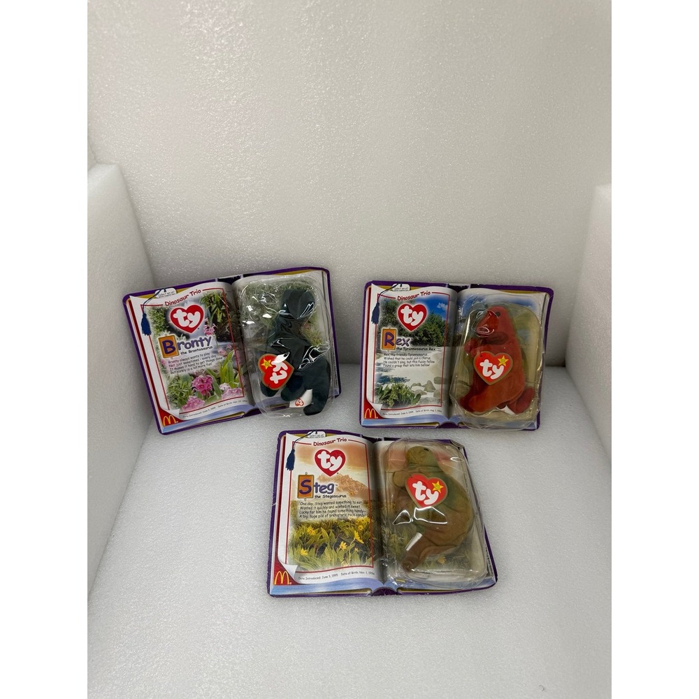 Vintage 2000 Ty Teenie Beanie Babies Dinosaur Trio Set Rex Bronty Steg McDonalds